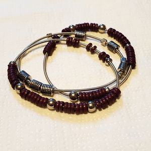 Paparazzi eggplant purple stretch silver bracelets. Set of three.